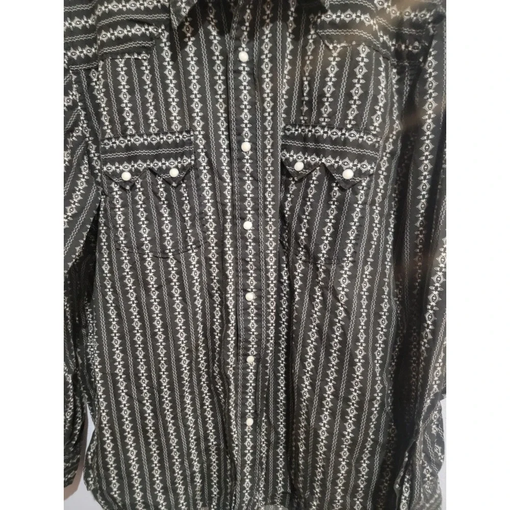 LUCKY‎ BRAND Western Shirt Pearl Snap Black White Print Sz XL Long Sleeve